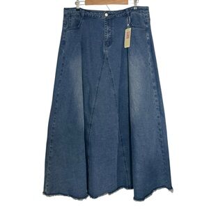 Ebossy NWT Denim A-Line Flare Maxi Skirt Size XXL Fringed Hem Blue Boho Minimal